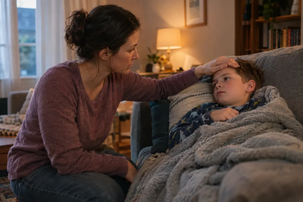 Mother at home in the evening touching her sick son's forehead as he rests on the couch