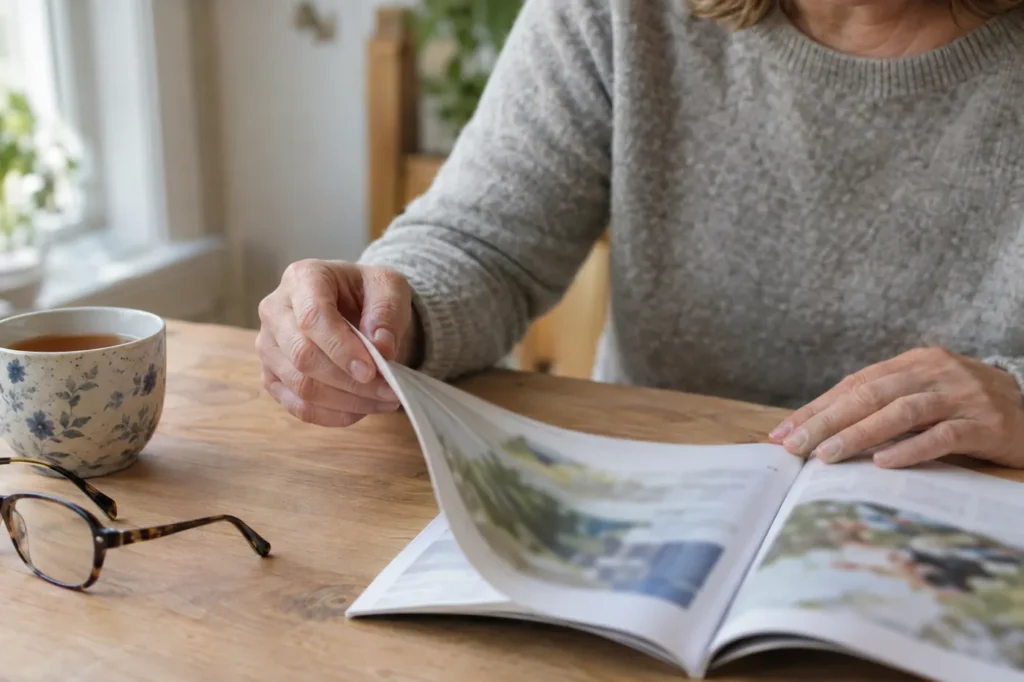 Hands turning the page of a printed health article on a kitchen table beside a mug of tea
