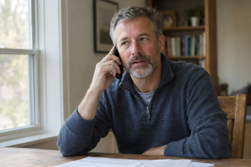 Man at home by a window talking on the phone with printed pages on the table