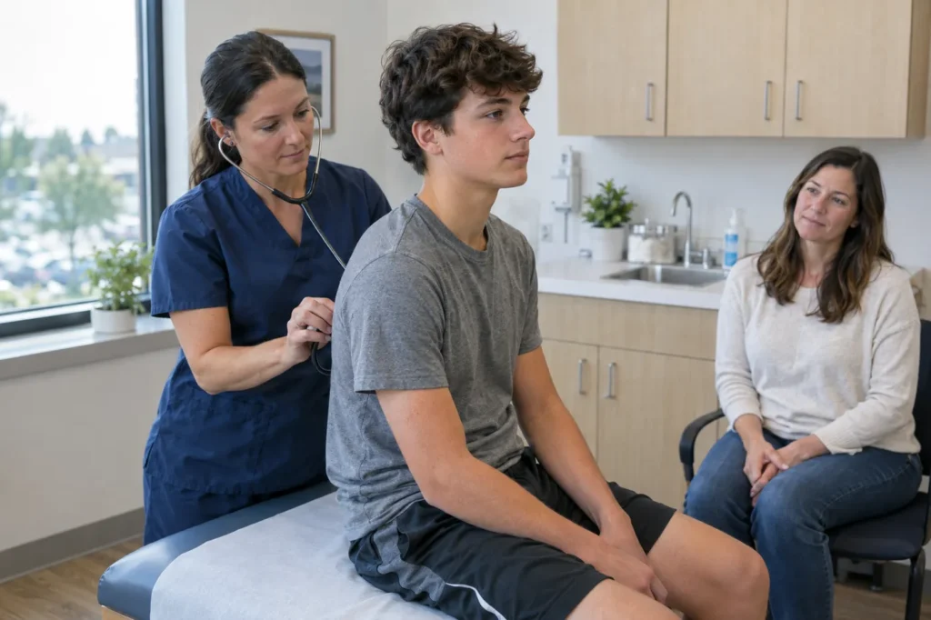 Profesional de la salud escucha con un estetoscopio la espalda de un adolescente durante un examen físico deportivo mientras su madre observa