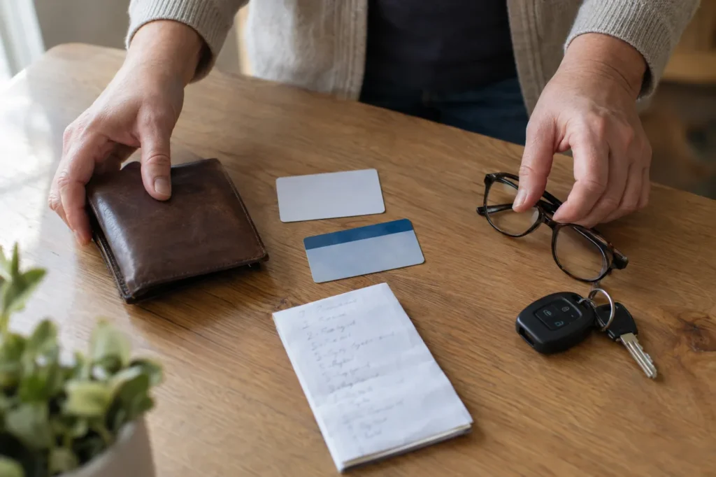 Manos reúnen una cartera, una identificación, la tarjeta del seguro, una lista de medicamentos y las llaves antes de una visita a la clínica
