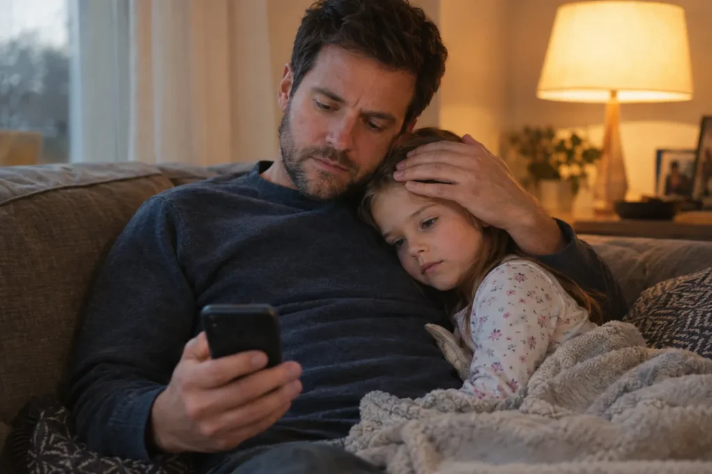 Padre en el sofá con su hija pequeña en pijama, tocándole la frente por la noche