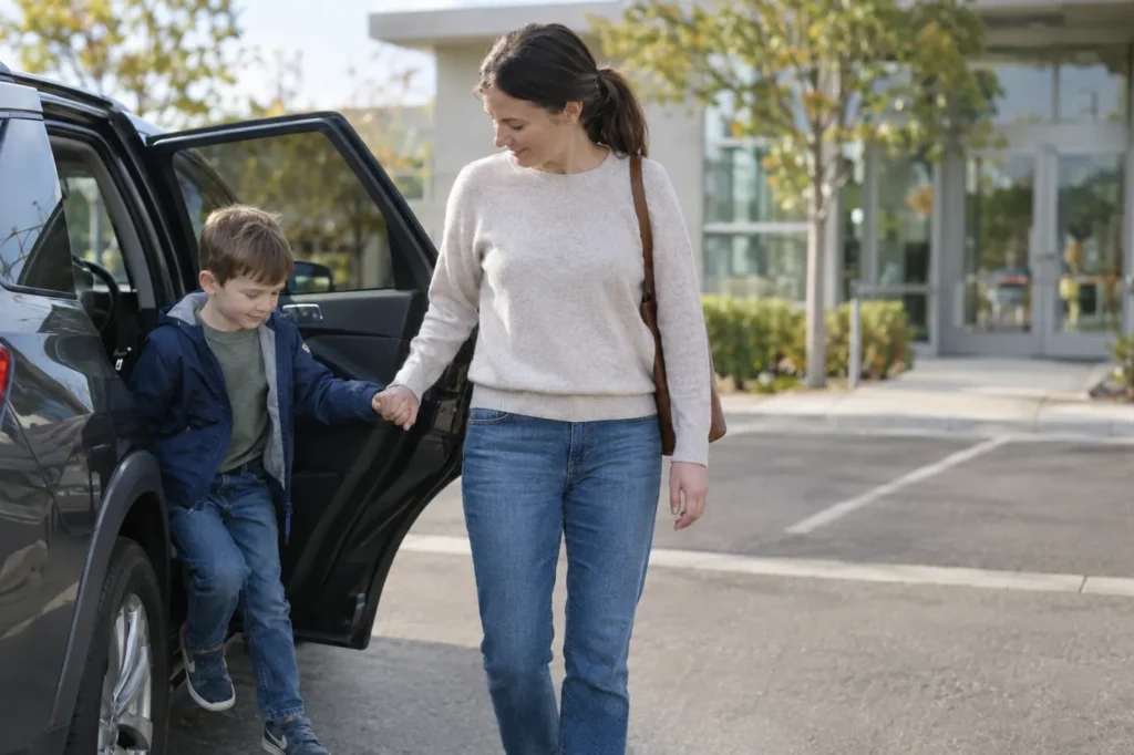 Madre ayudando a su hijo pequeño a bajar del auto en el estacionamiento de una clínica un fin de semana por la mañana
