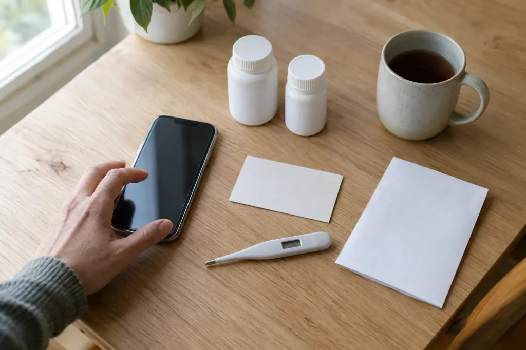 Celular, frascos de pastillas, un termómetro y una tarjeta en blanco sobre una mesa antes de una llamada de telemedicina