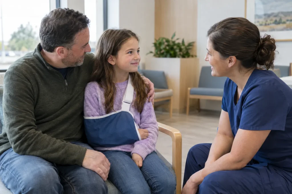 Niña con el brazo en cabestrillo sentada con su padre mientras un profesional de la salud se arrodilla para hablar con ella