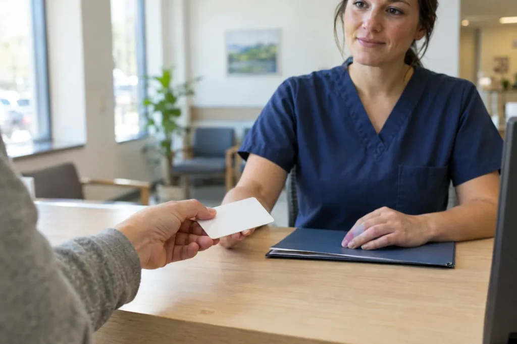 Paciente entregando una tarjeta del seguro a un empleado de recepción en una clínica de atención de urgencia