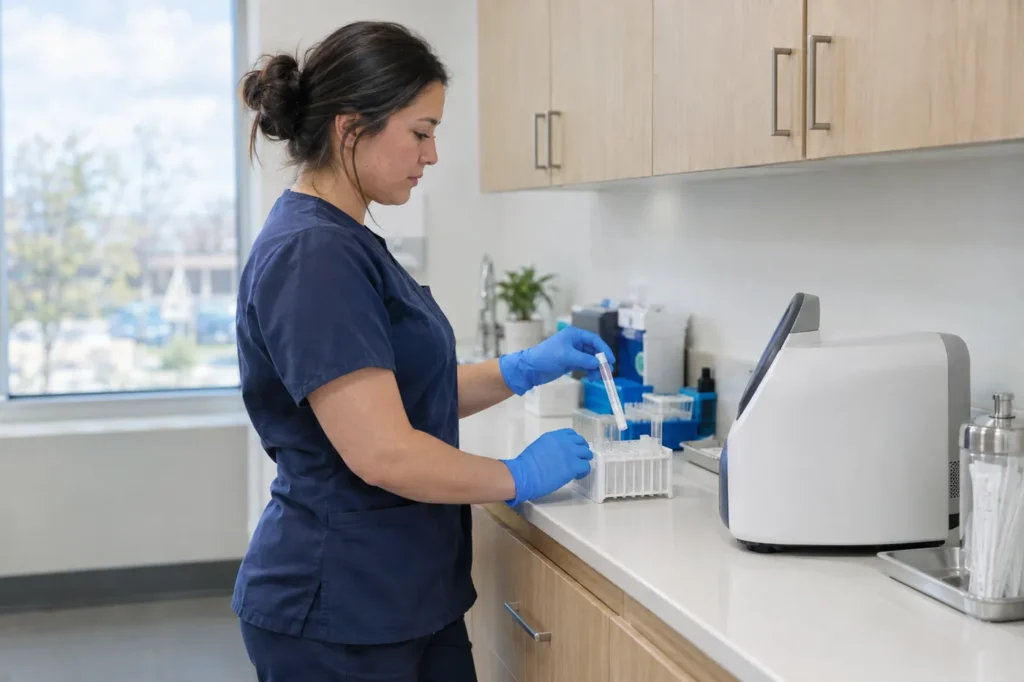 Asistente médico con uniforme azul marino colocando un tubo sellado con un hisopo en una gradilla en el mostrador de laboratorio de una clínica