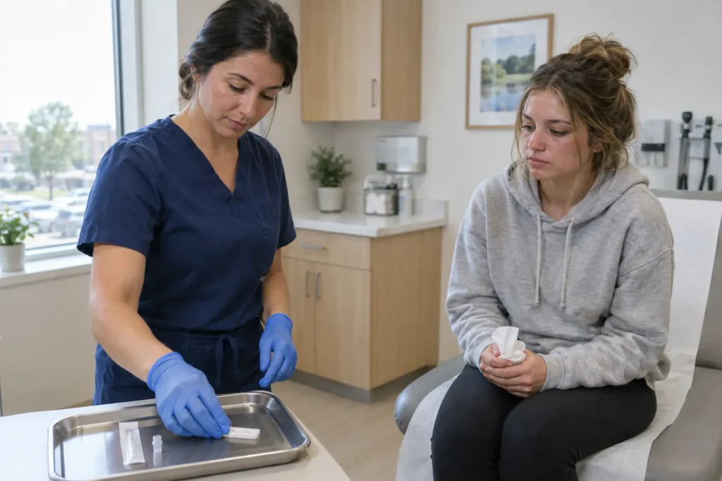 Profesional de la salud con uniforme azul marino dejando una prueba rápida mientras espera una joven resfriada