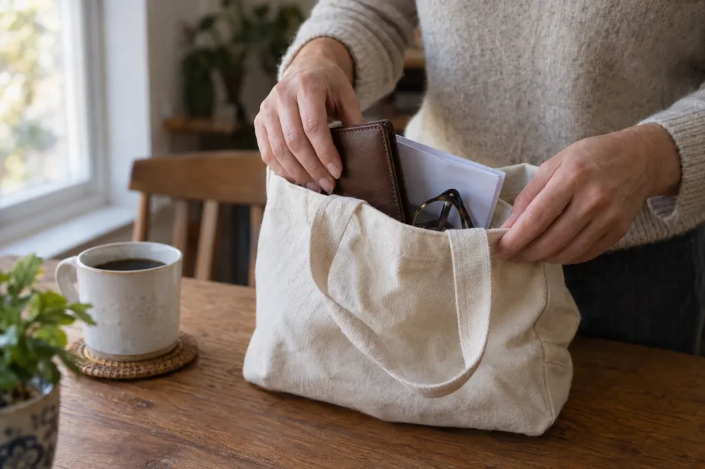 Manos guardando una cartera, una lista en papel doblada y unos lentes para leer en una bolsa de tela en casa