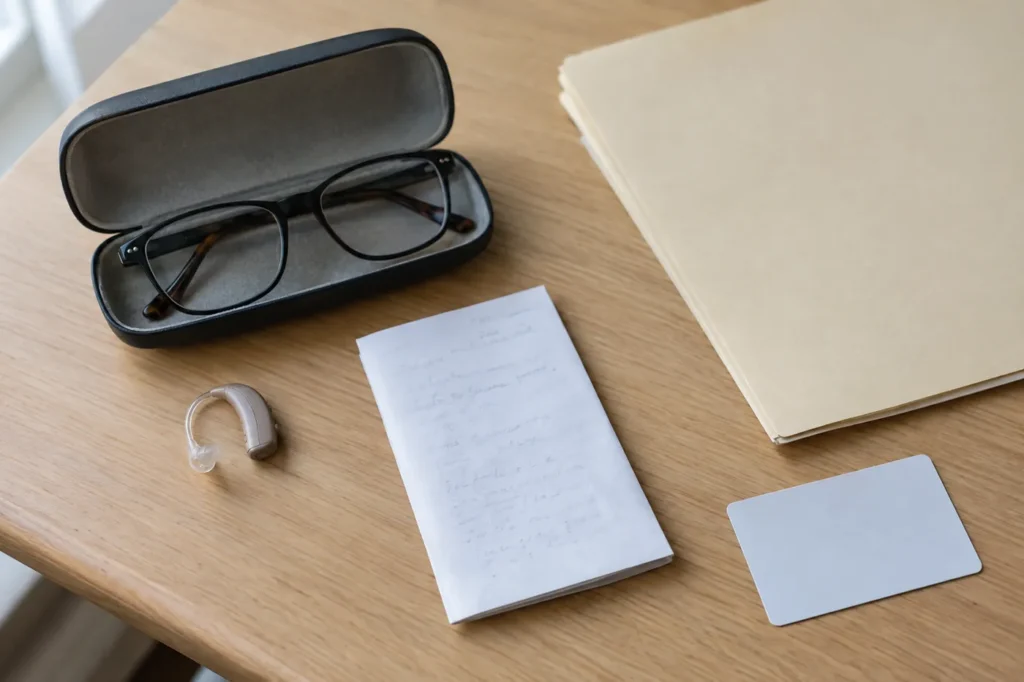 Lentes, un aparato auditivo, una lista de medicamentos y una carpeta con expedientes sobre un mostrador
