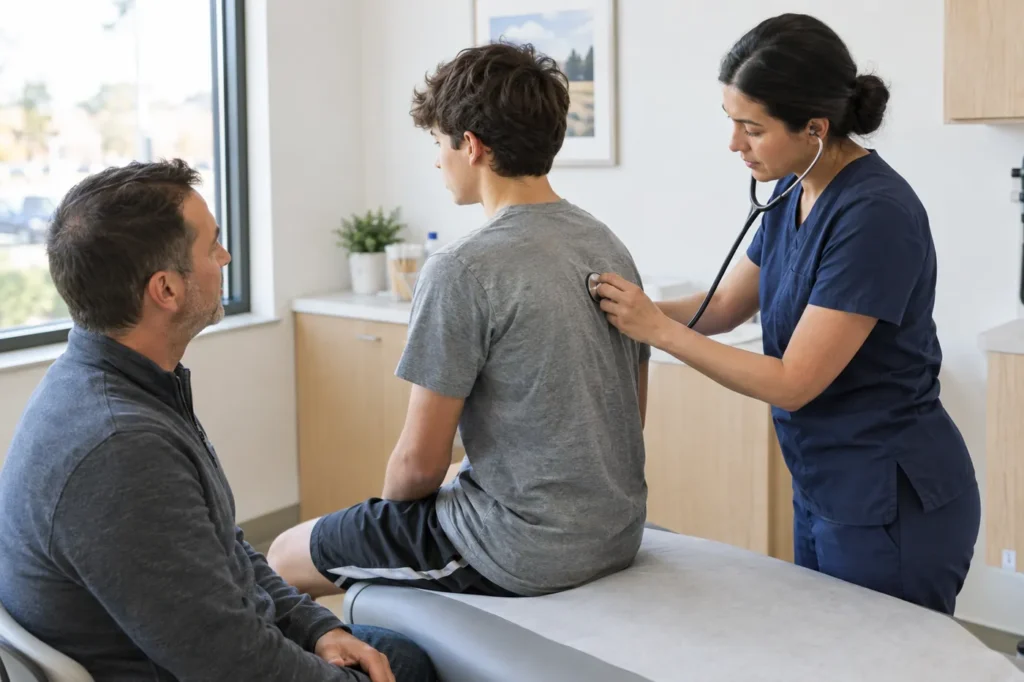 Un profesional de la salud escucha los pulmones de un atleta de preparatoria con un estetoscopio mientras su padre observa