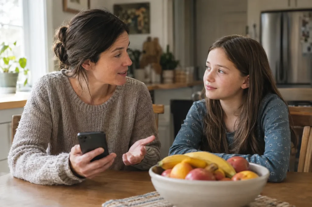 Una madre y su hija hablan en la mesa de la cocina sobre reservar un chequeo anual
