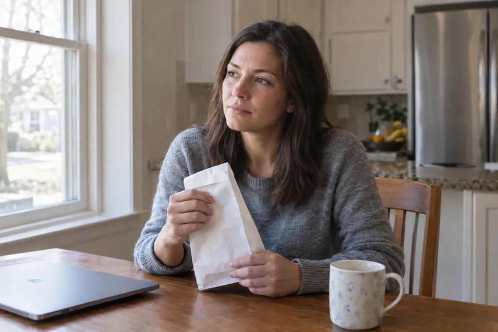 Mujer sentada a la mesa de una cocina soleada, con una bolsa blanca de farmacia y expresión pensativa