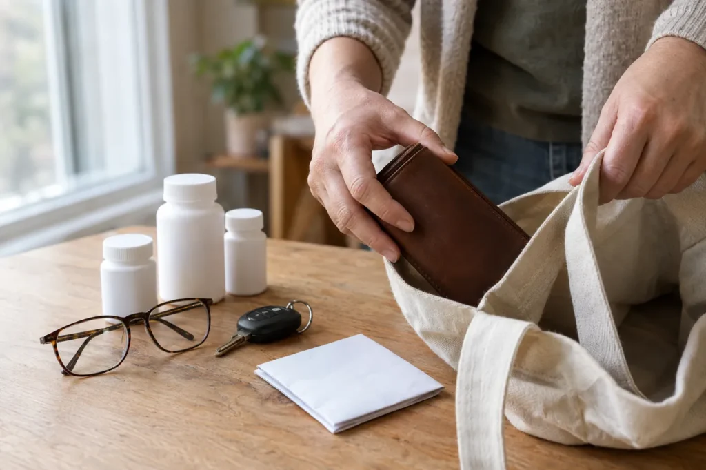 Manos guardan una cartera, frascos de pastillas, lentes y llaves en una bolsa de tela antes de una visita a la clínica