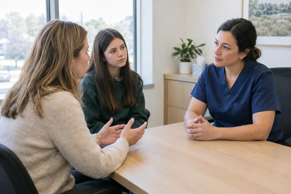 Profesional de la salud escucha en un escritorio mientras una madre describe los síntomas de alergia de su hija adolescente