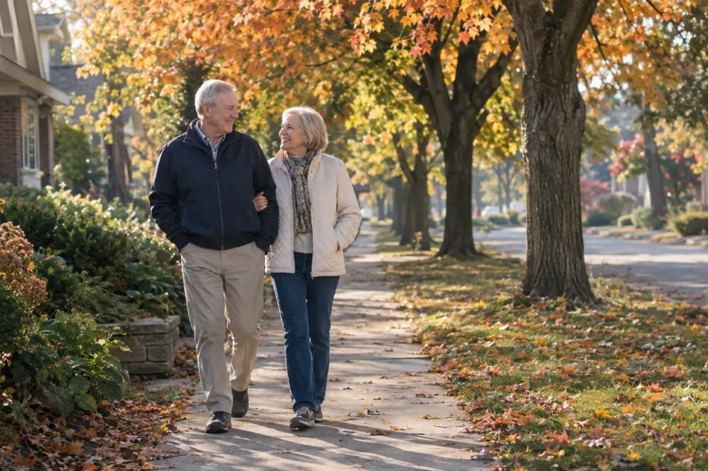 Pareja de adultos mayores caminando del brazo bajo hojas de arce anaranjadas en una mañana de principios de octubre