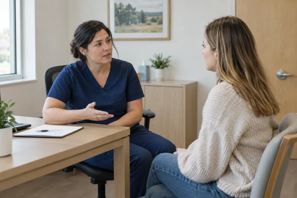 Profesional de la salud explicándole las recomendaciones de pruebas a una mujer joven en un consultorio privado