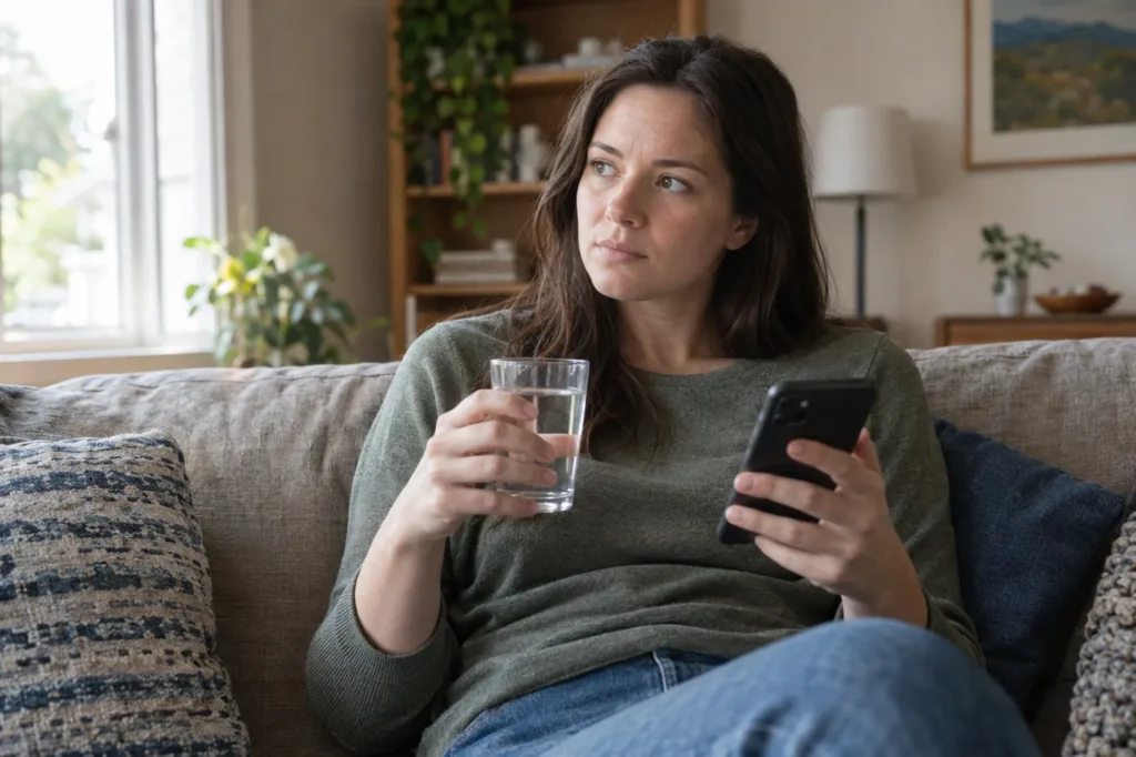 Mujer en su sofá con un vaso de agua y su celular, decidiendo si hacerse revisar hoy