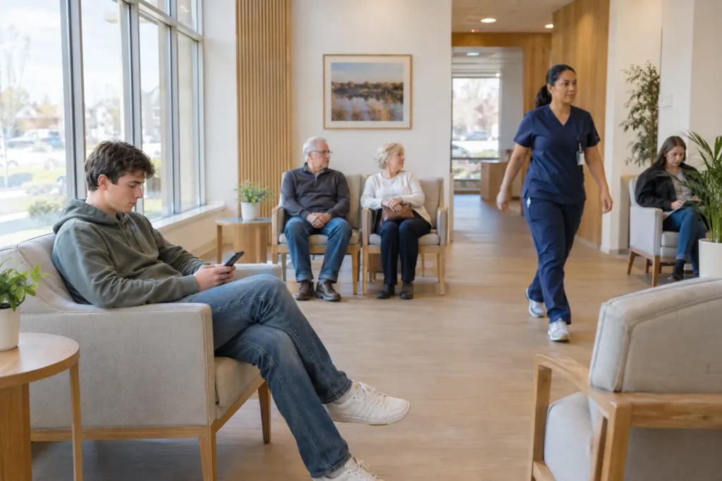 Pacientes de distintas edades esperando en la sala de espera luminosa de una clínica de atención de urgencia, con detalles de madera clara