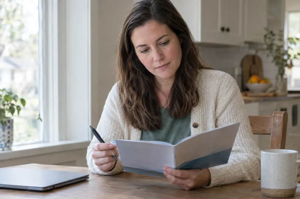 Mujer en la mesa de su cocina leyendo un folleto de beneficios de su plan de salud con un bolígrafo en la mano