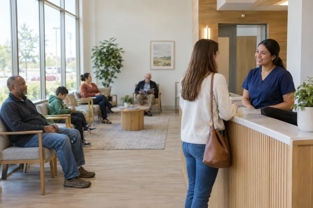 Patients of different ages waiting as a staff member greets a young woman at a clinic front desk
