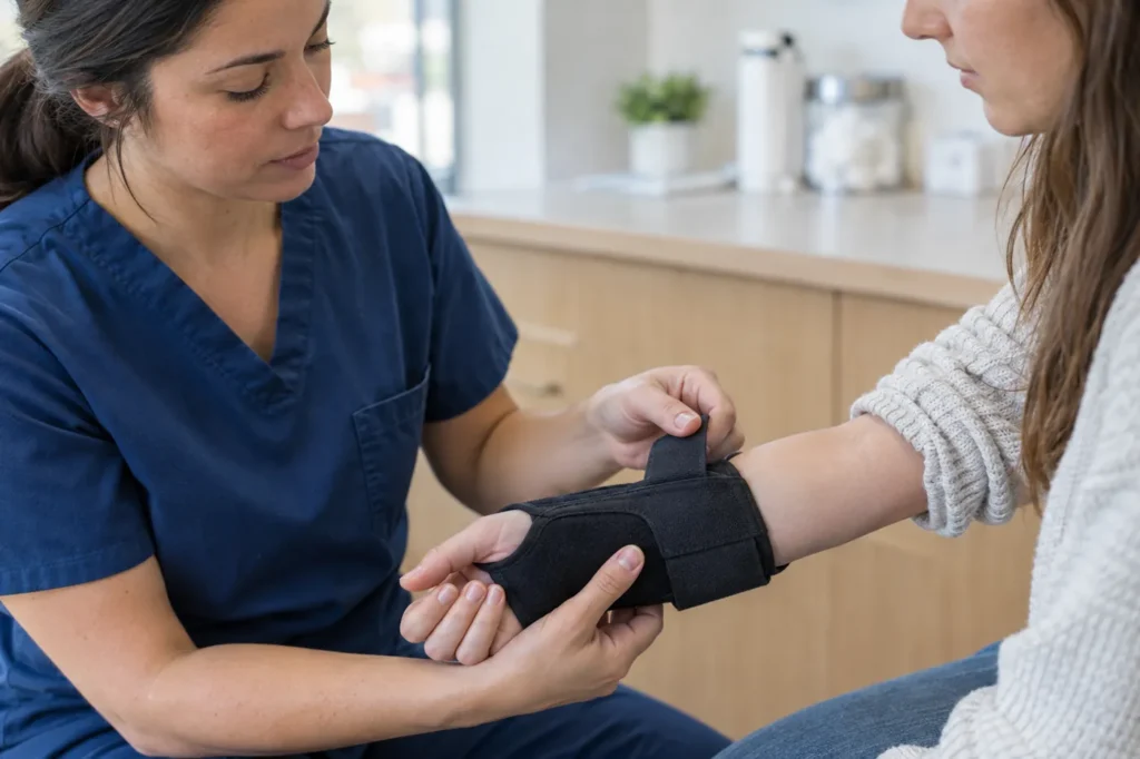 Clinician fitting a padded wrist splint onto a young woman's forearm