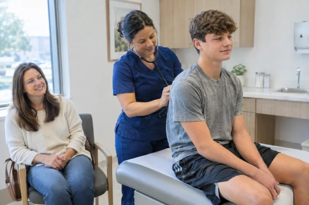 Clinician listening to a teenage boy's back with a stethoscope as his mother sits nearby