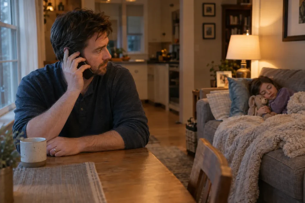 Father on the phone at home in the evening, watching his daughter rest on the couch