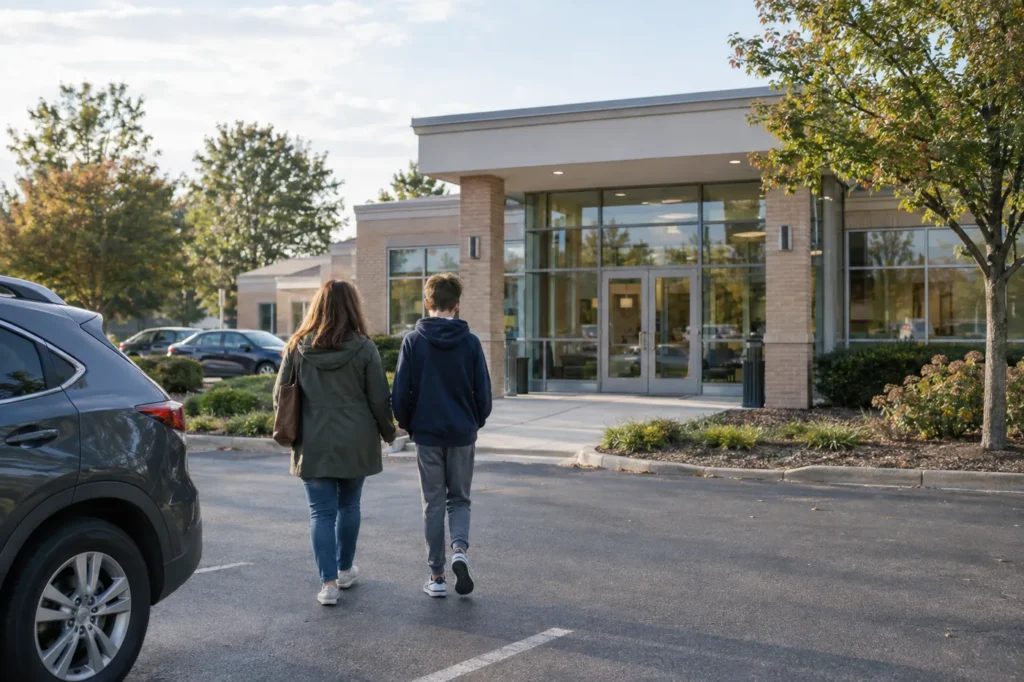 Mother and teenage son walking from their car toward a small suburban medical building