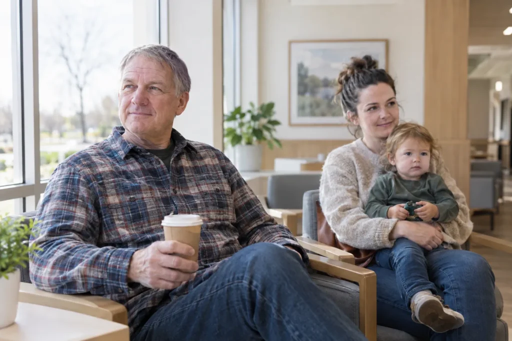 Older man and a young mother holding her toddler sitting calmly in a bright clinic waiting area