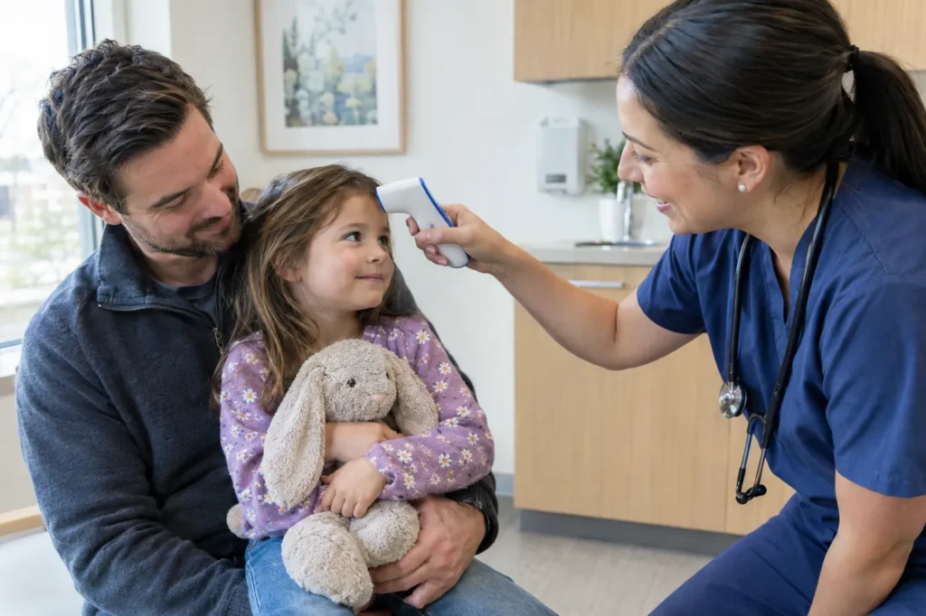 Clinician taking a young girl's temperature as she sits on her father's lap holding a stuffed bunny
