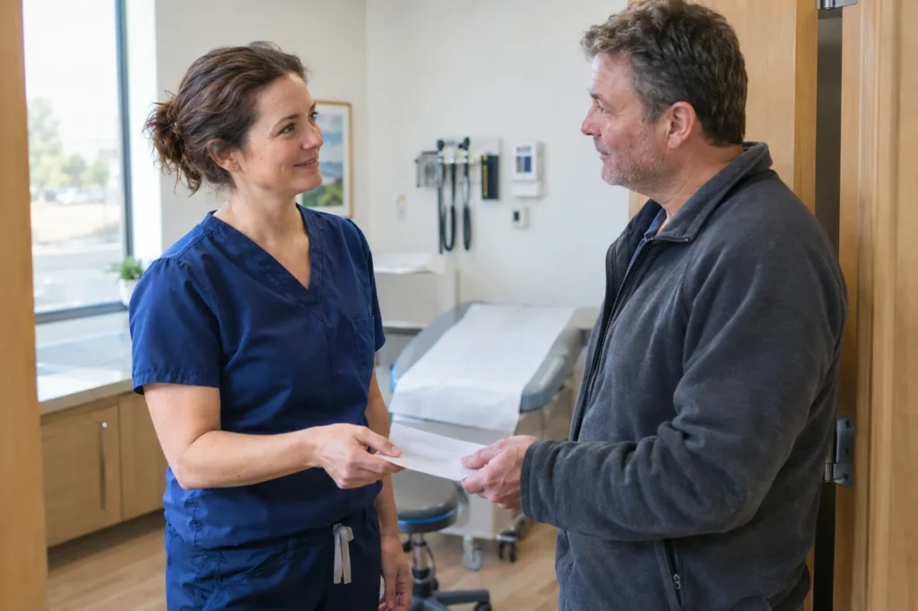 Clinician handing a folded instruction sheet to a man at the door of an exam room