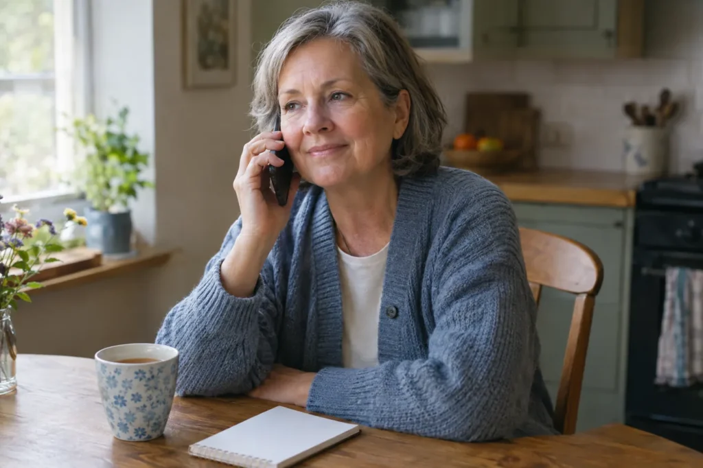 Una mujer de unos sesenta años en su casa hablando por teléfono con una taza de té