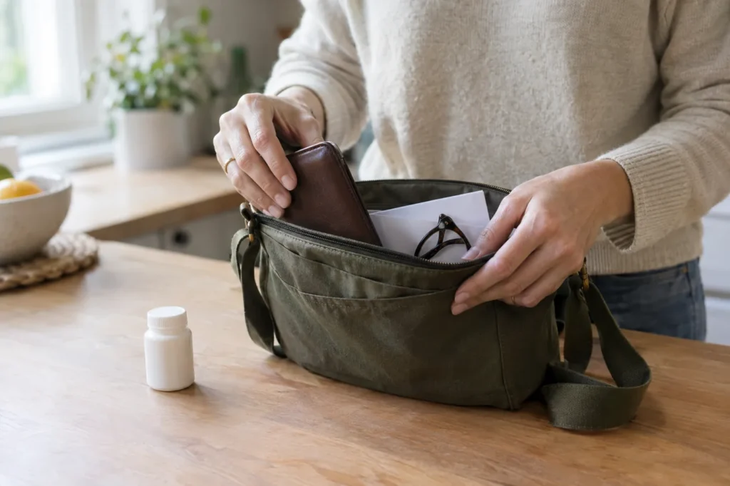 Manos guardando una cartera, unos lentes, una lista doblada y un frasco de pastillas en una bolsa antes de una visita a la clínica