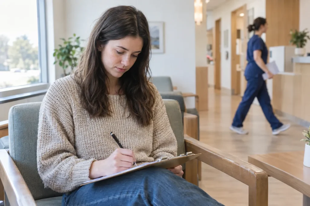 Mujer joven llenando un formulario de registro en un portapapeles en una sala de espera iluminada de atención de urgencia