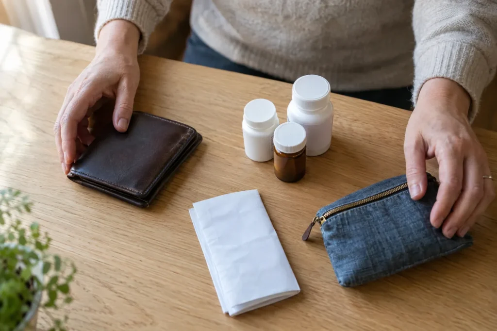 Manos de un adulto colocan una cartera, frascos de medicamentos y una lista doblada sobre una mesa de madera