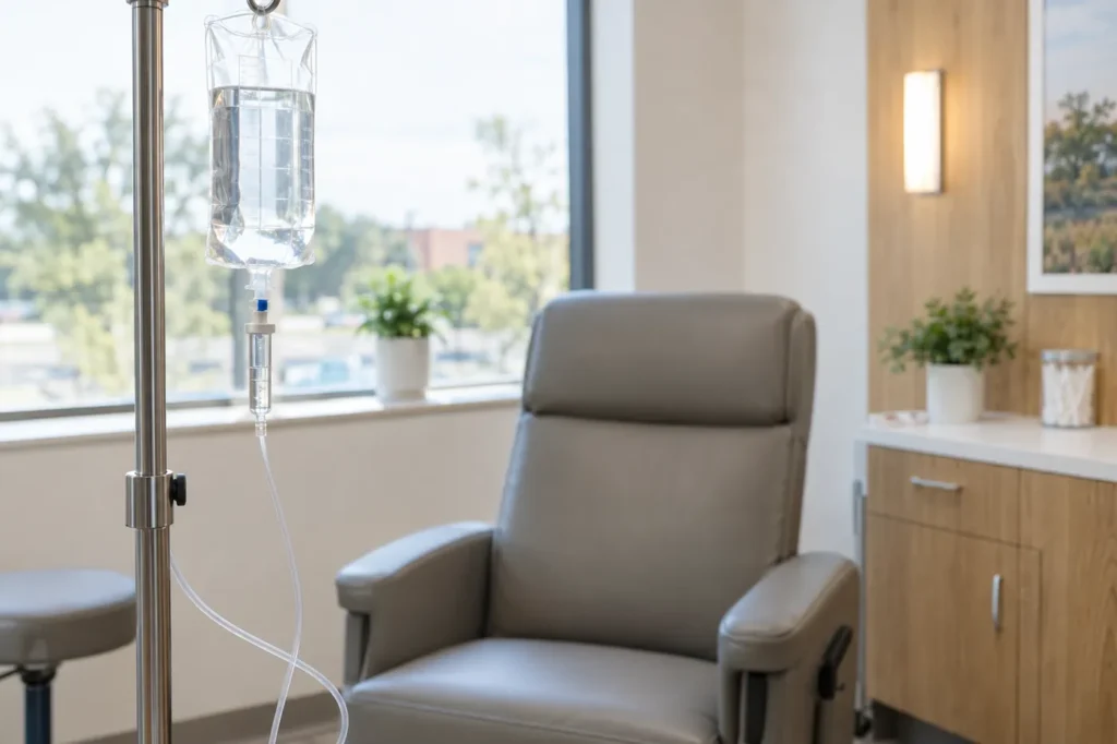 Bolsa transparente de líquido intravenoso en un soporte junto a un sillón reclinable vacío en una sala de tratamiento luminosa de atención de urgencia