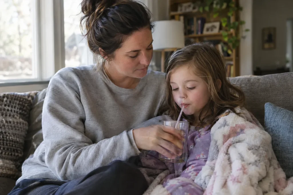 Madre ayudando a su hija pequeña a tomar sorbos pequeños de una bebida transparente en el sofá de su casa