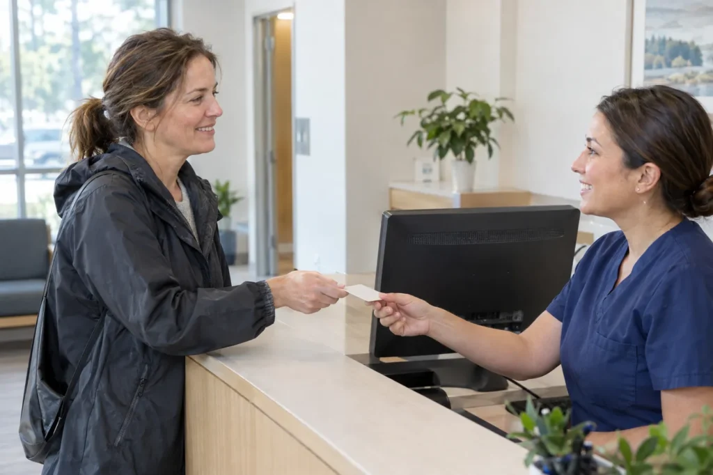 Mujer entregándole una tarjeta a una recepcionista con uniforme azul marino en la recepción luminosa de una clínica de atención de urgencia