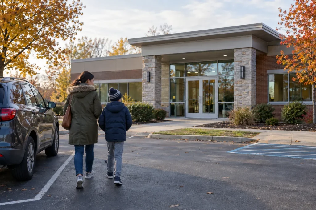 Mother walking her son from the car to a small suburban medical building on a fall morning