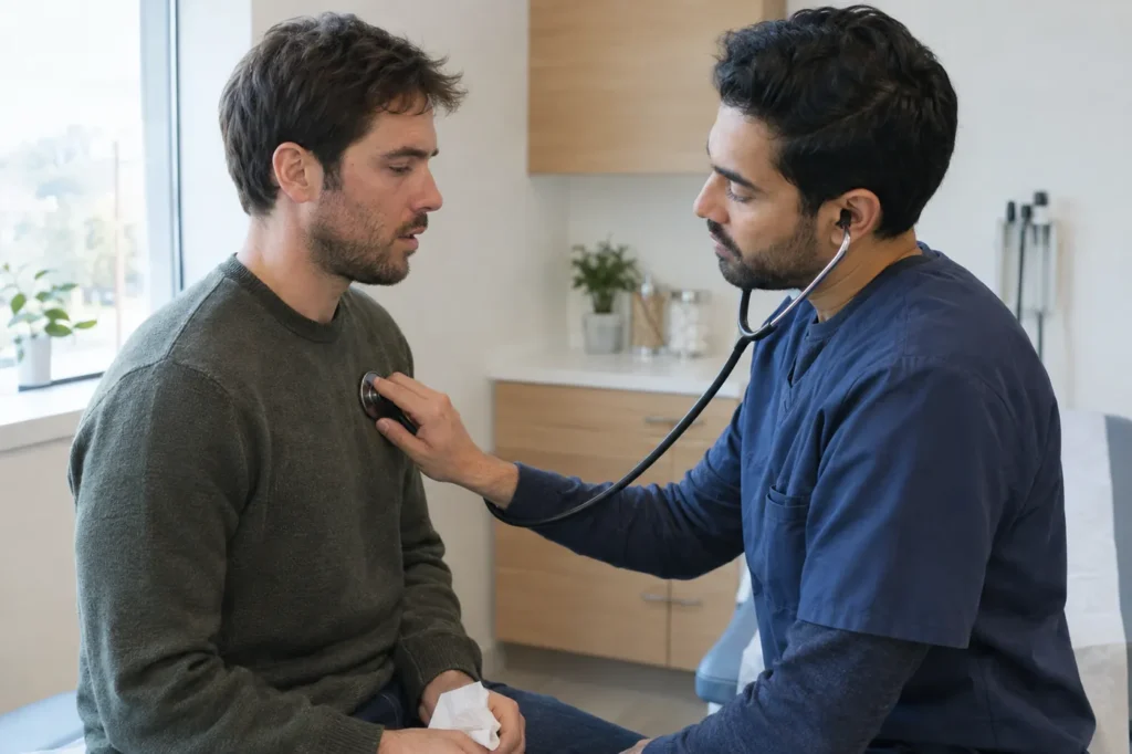 Clinician in navy scrubs listening to a man's chest with a stethoscope over his sweater