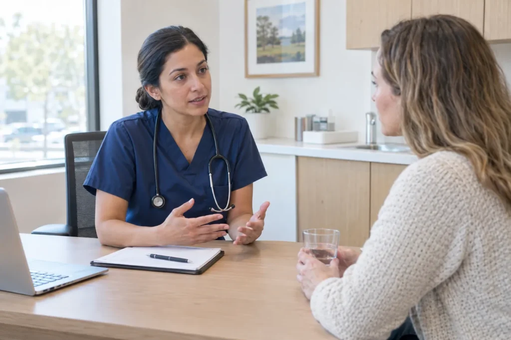 Clinician in navy scrubs talking calmly with a woman holding a glass of water at a consultation desk