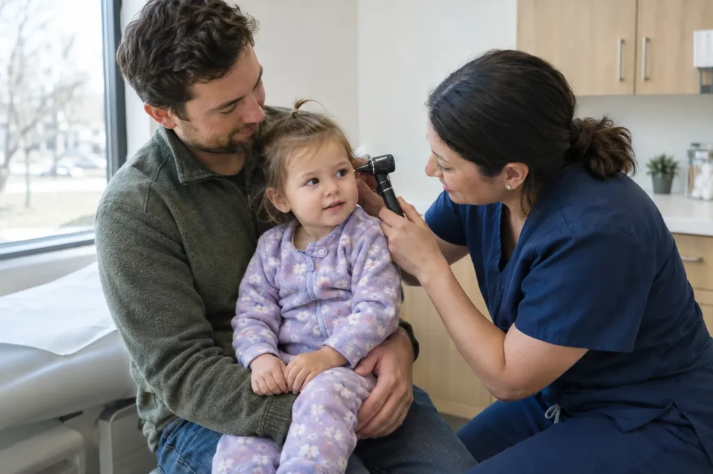 Father holding his toddler as a clinician in navy scrubs gently checks her ear