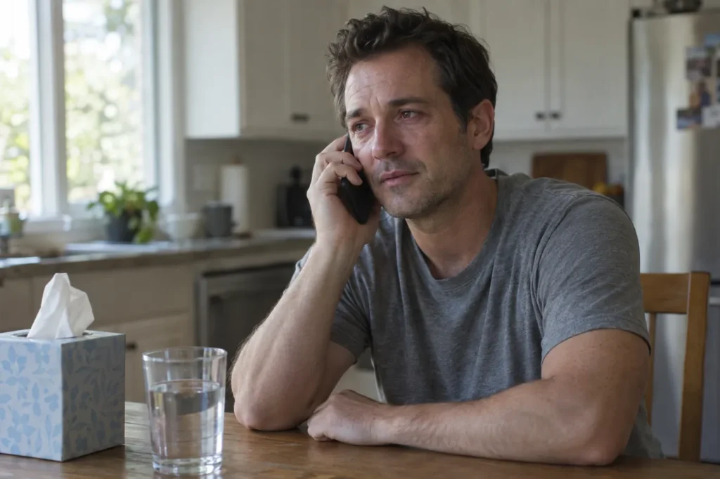 Man with watery eyes on the phone at his kitchen table, a box of tissues beside him