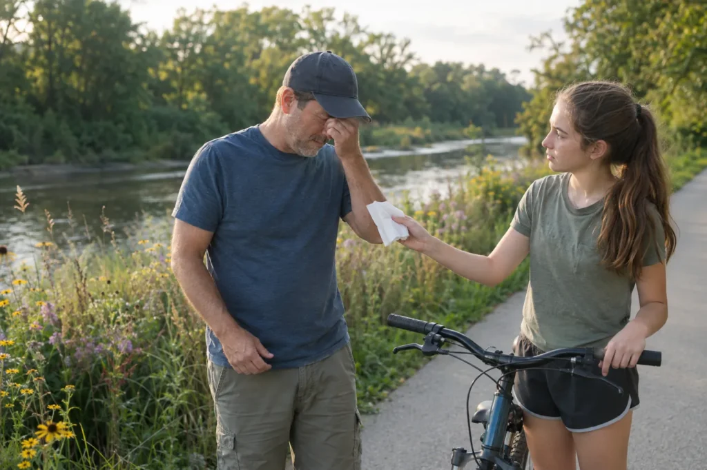 Father rubbing itchy eyes on a riverside trail as his teenage daughter hands him a tissue