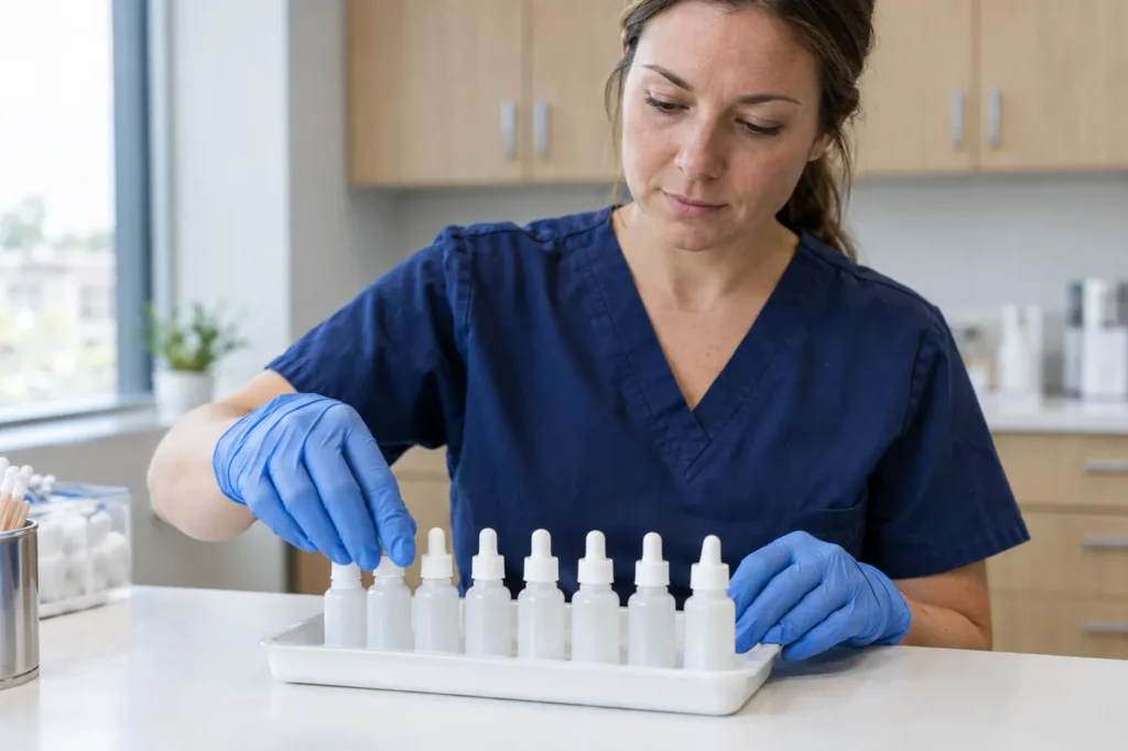 Clinician's gloved hands arranging small unlabeled dropper bottles on a clean tray