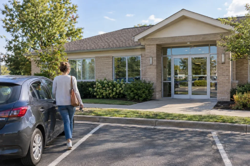 Young woman walking from her car toward a small suburban medical building on a sunny day