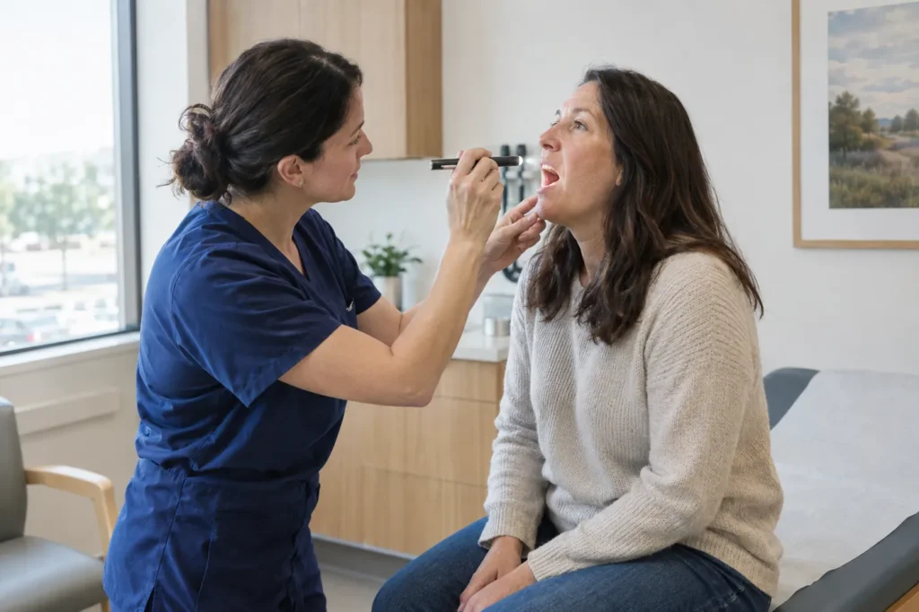 Clinician checking an adult patient's sore throat with a penlight in an exam room