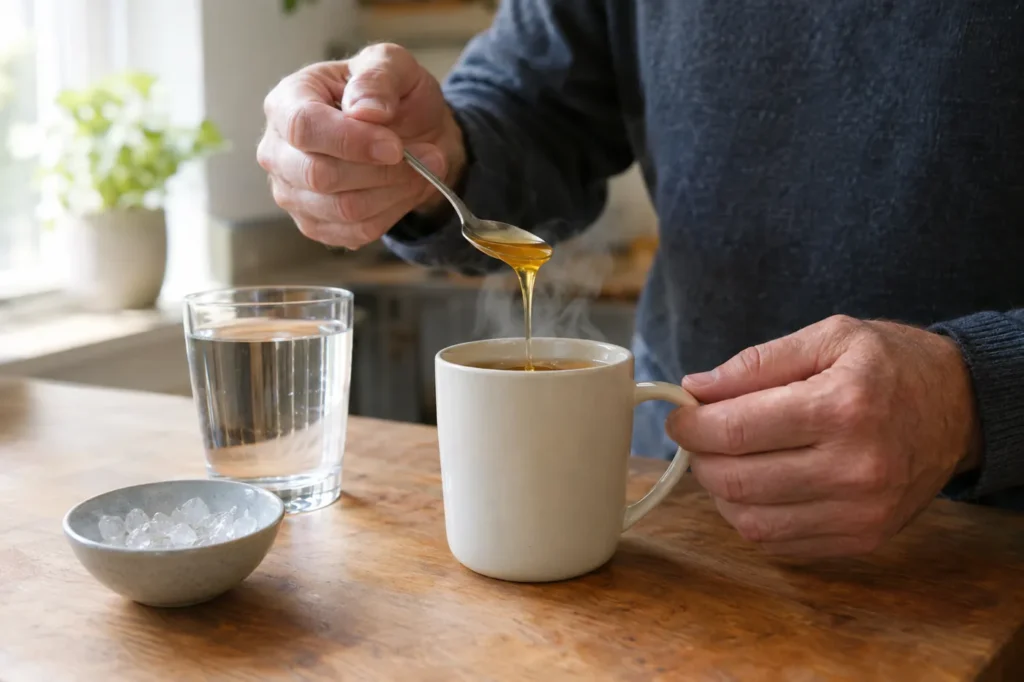 Hands stirring honey into a mug of warm tea next to a bowl of ice chips