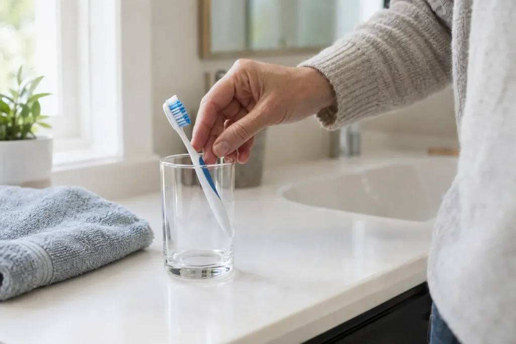 Hand placing a new toothbrush into a glass cup on a bathroom counter